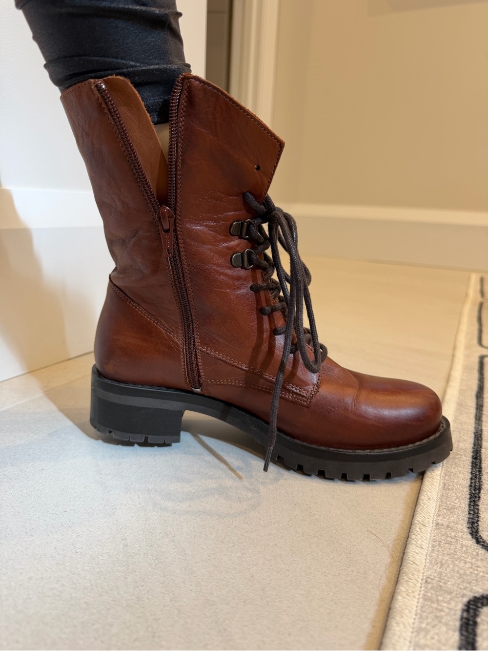 Women's Cognac Brown Leather Lace-Up Boots with Side Zip - Picture 3 of 4